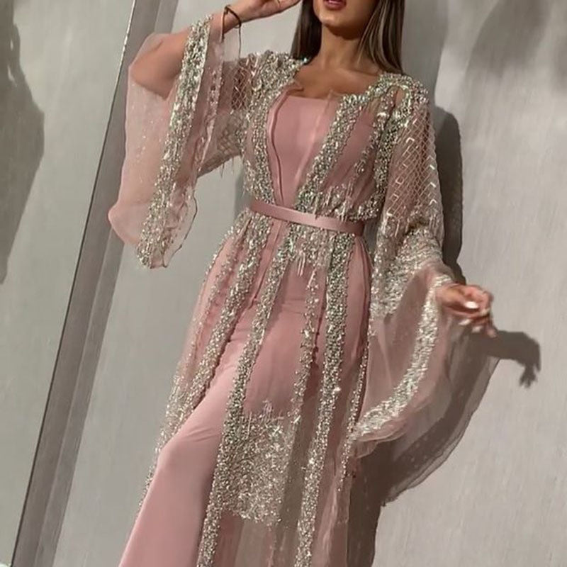 Women Evening Dress Elegant Sexy Sequins Big Swing Long Skirt Chiffon Shawl Trumpet Sleeve Belt Banquet New Spring Summer Autumn