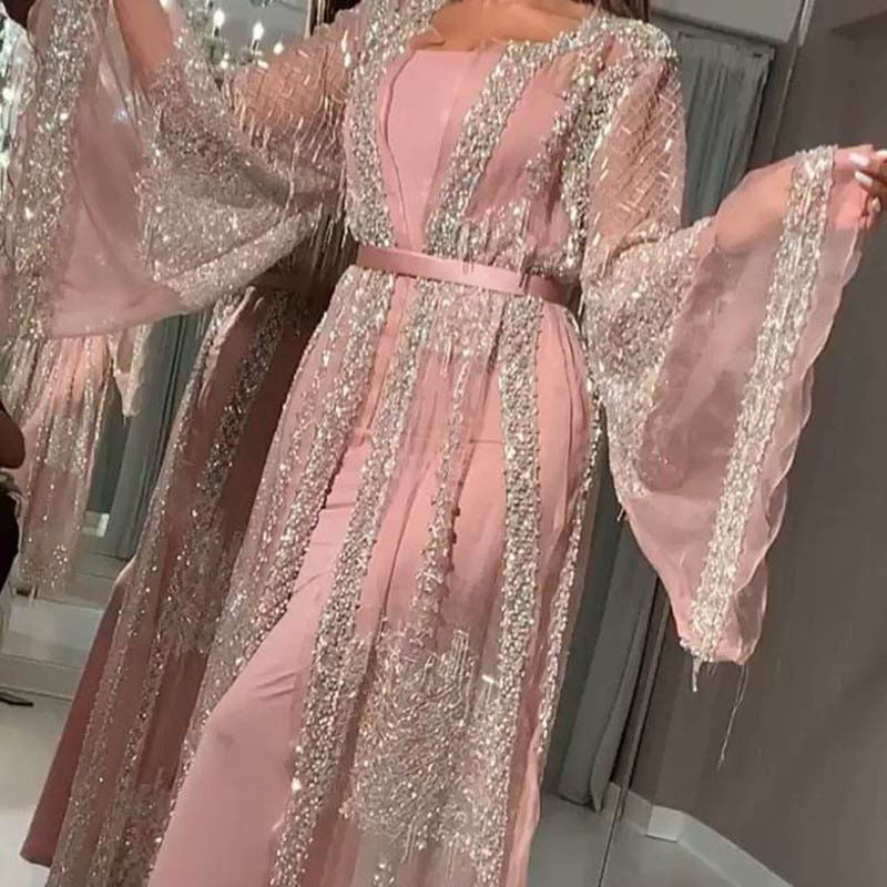 Women Evening Dress Elegant Sexy Sequins Big Swing Long Skirt Chiffon Shawl Trumpet Sleeve Belt Banquet New Spring Summer Autumn