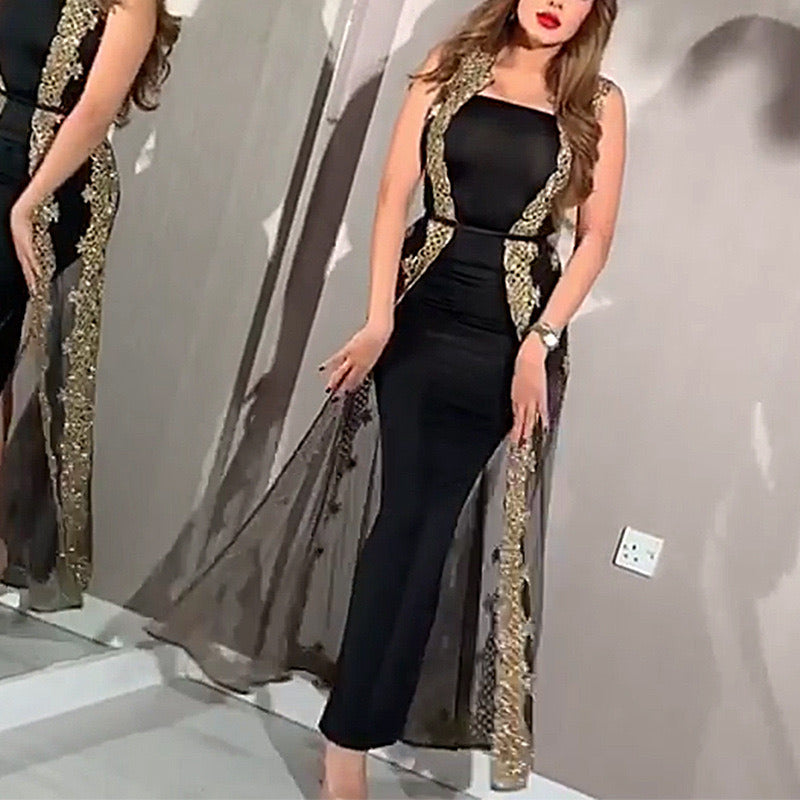 Women Evening Dress Elegant Sexy Sequins Big Swing Long Skirt Chiffon Shawl Trumpet Sleeve Belt Banquet New Spring Summer Autumn