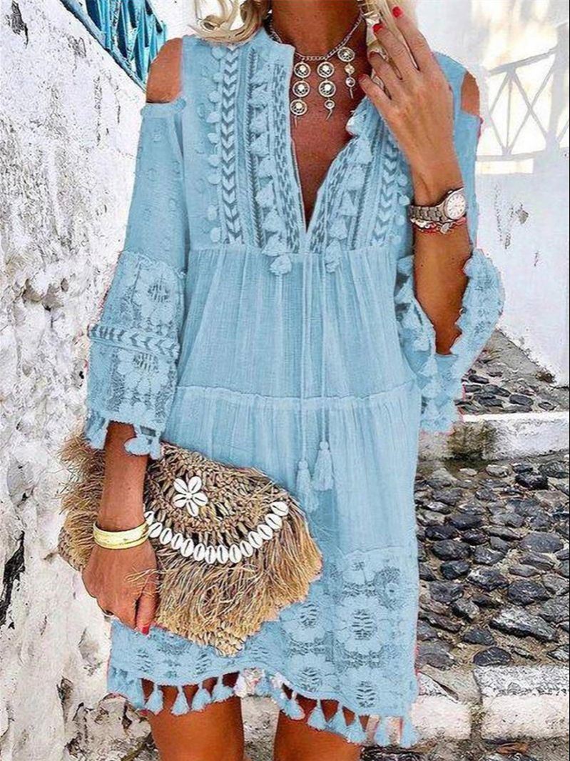 Spring Summer Autumn Retro Bohemian Mini Dress Women Vintage Elegant Lace Loose Tassel Rope Fashion Lady Light Thin Breathable