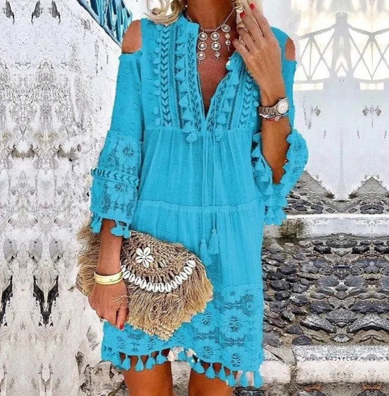 Spring Summer Autumn Retro Bohemian Mini Dress Women Vintage Elegant Lace Loose Tassel Rope Fashion Lady Light Thin Breathable