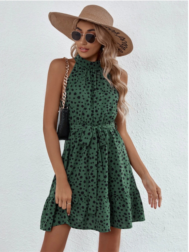 Summer Mini Dress Women Girl Elegant Casual Solid Dots Frenulum Belt Halter Neck Sleeveless Ruffles Hem Pleated Soft Comfortable