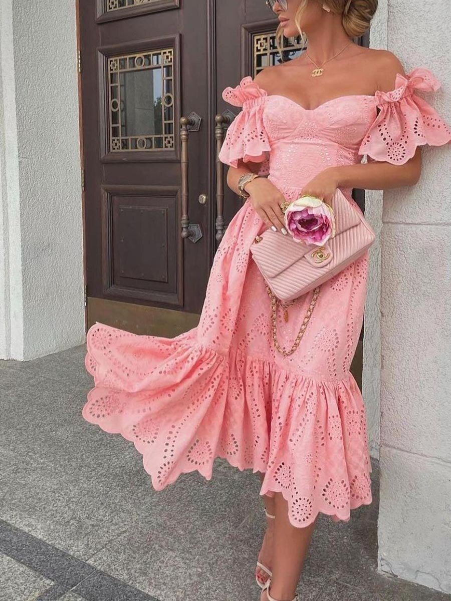 Spring Summer Autumn Midi Dress Women Vintage Elegant Sexy One-shoulder Polka Dot Hollow Out Off Shoulder Beach Skirt Streetwear