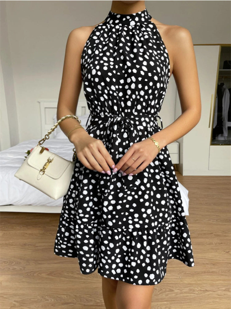 Summer Mini Dress Women Girl Elegant Casual Solid Dots Frenulum Belt Halter Neck Sleeveless Ruffles Hem Pleated Soft Comfortable