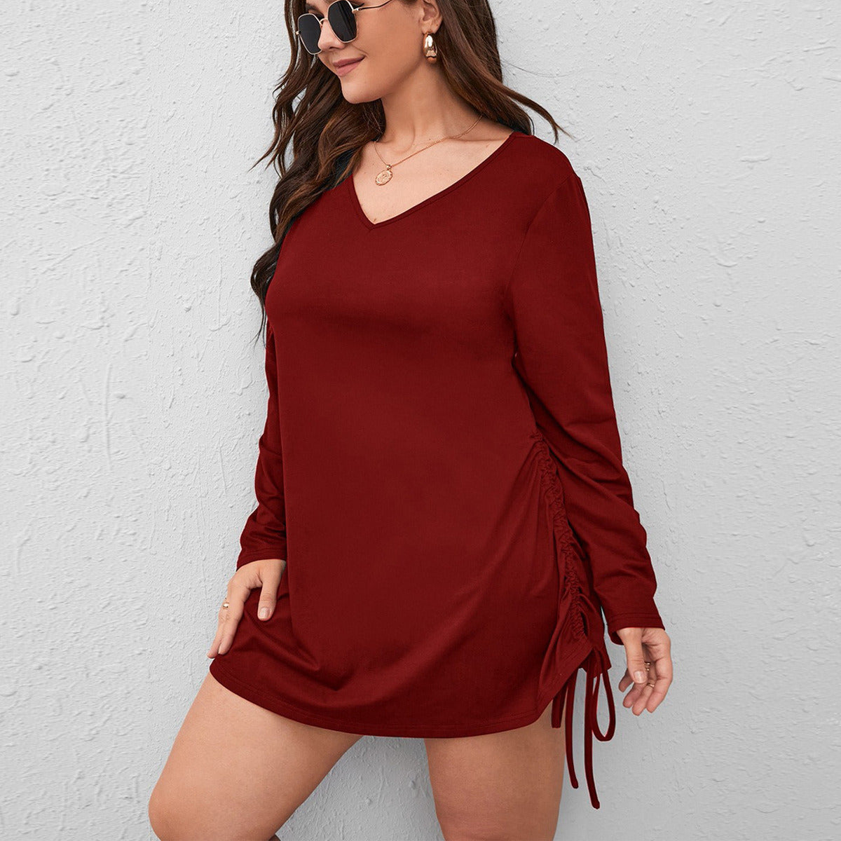 Spring Summer Autumn Light Thin Large Size L-4XL Short Dress Long Sleeve T-Shirt Women Side Drawstring V-Neck Skirt Solid Color