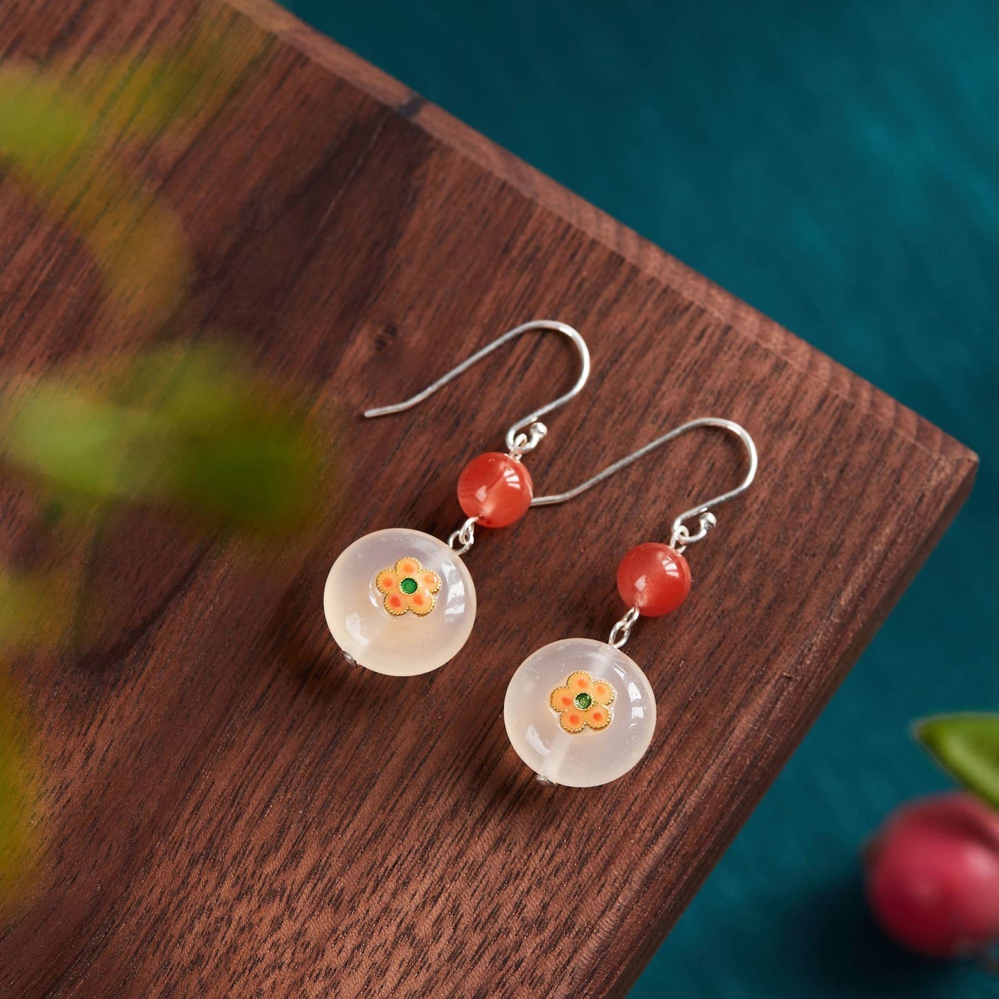 S925 Tremella Hook Earrings Petal South Red Pearl Women's Jewelry