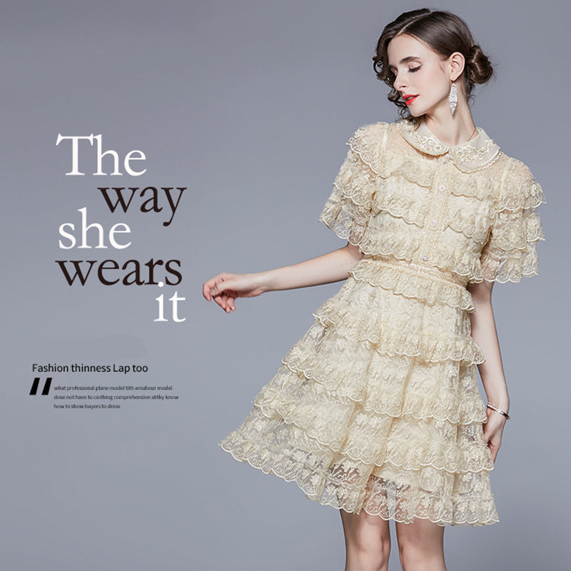 Summer Women Girls Mini Dress Fashion Ruffled Lace Embroidery Stitching High Quality A-line Layered Skirt Party Street Soft Cozy