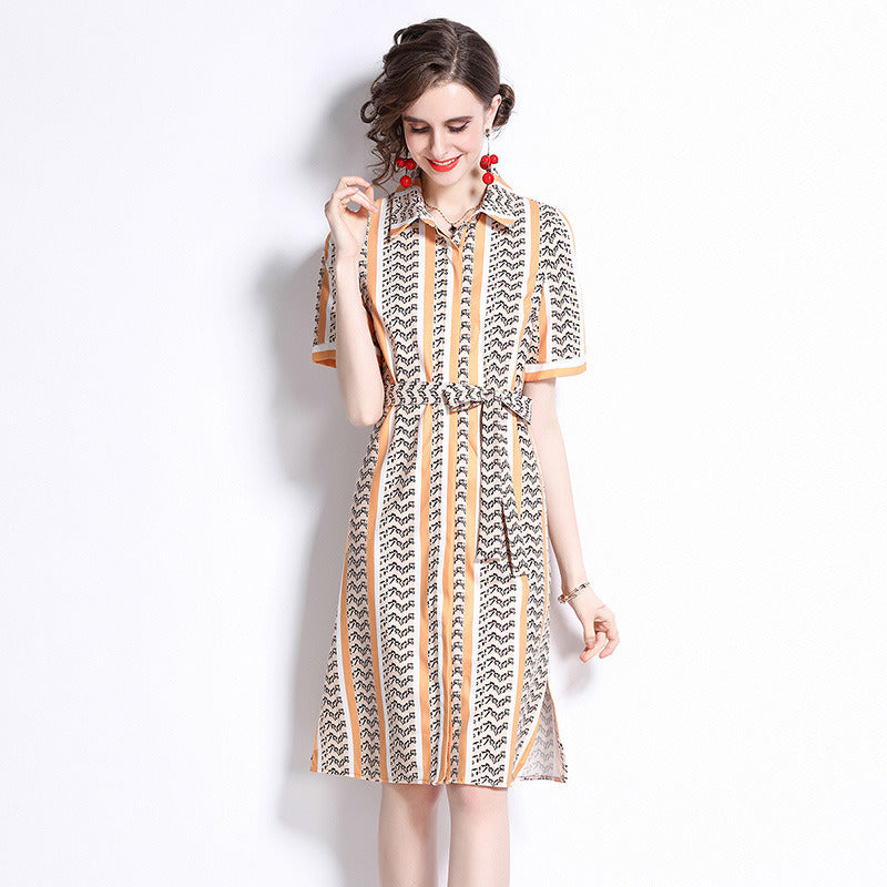 Summer Women Girls Dress Belt Fashion Print Striped Pattern Loose Slit Hem Shirt Collar Lapel Office Lady Casual Street Outdoor