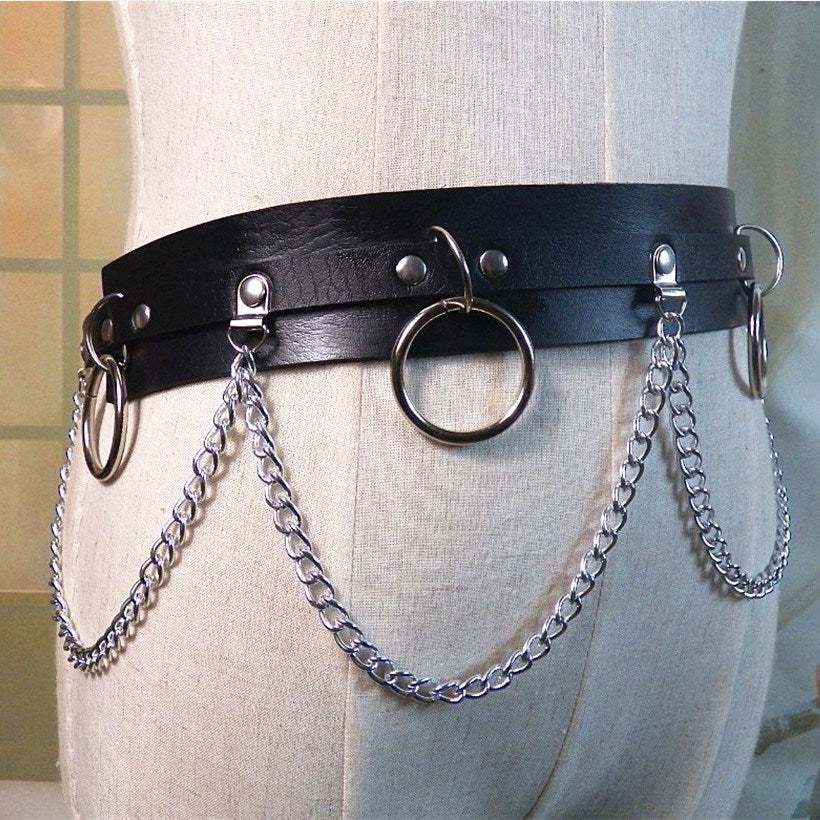 2021 New Punk Gothic Faux Leather Belt Metal Chain Ring Waist Strap Street Dance Decor