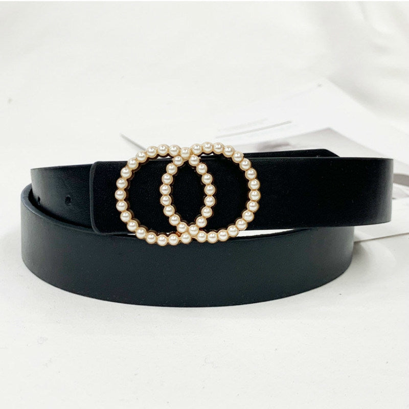 Leather belt women waist luxury black red belts for jeans dresses woman pearl studded buckle girls ladies fashion decorative