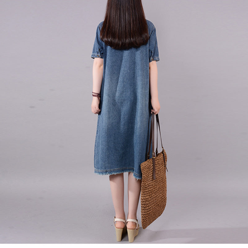 Summer Large Size Body Weight 82kg Mid-length Denim Dress Pocket Casual Loose Skirt Light Thin Breathable Women High Quality New