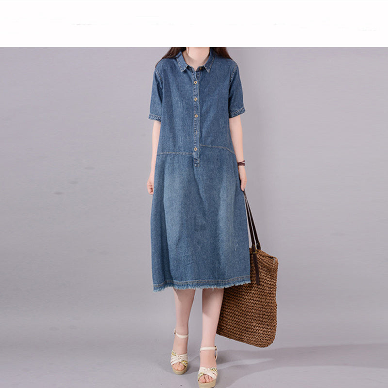 Summer Large Size Body Weight 82kg Mid-length Denim Dress Pocket Casual Loose Skirt Light Thin Breathable Women High Quality New