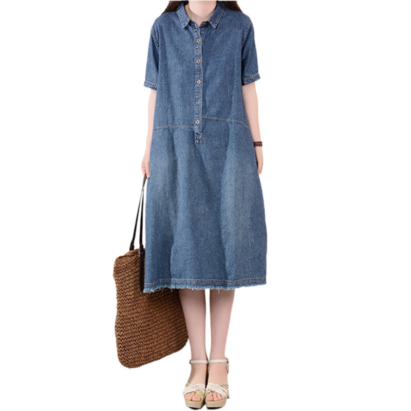 Summer Large Size Body Weight 82kg Mid-length Denim Dress Pocket Casual Loose Skirt Light Thin Breathable Women High Quality New