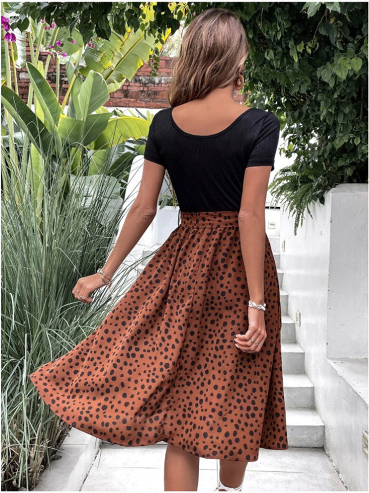 Summer Stitching Mini Dress Women New Crew Neck Polka Dot Short Sleeve Belt Office Casual Beach Skirt Swing Flowy Hem Light Soft