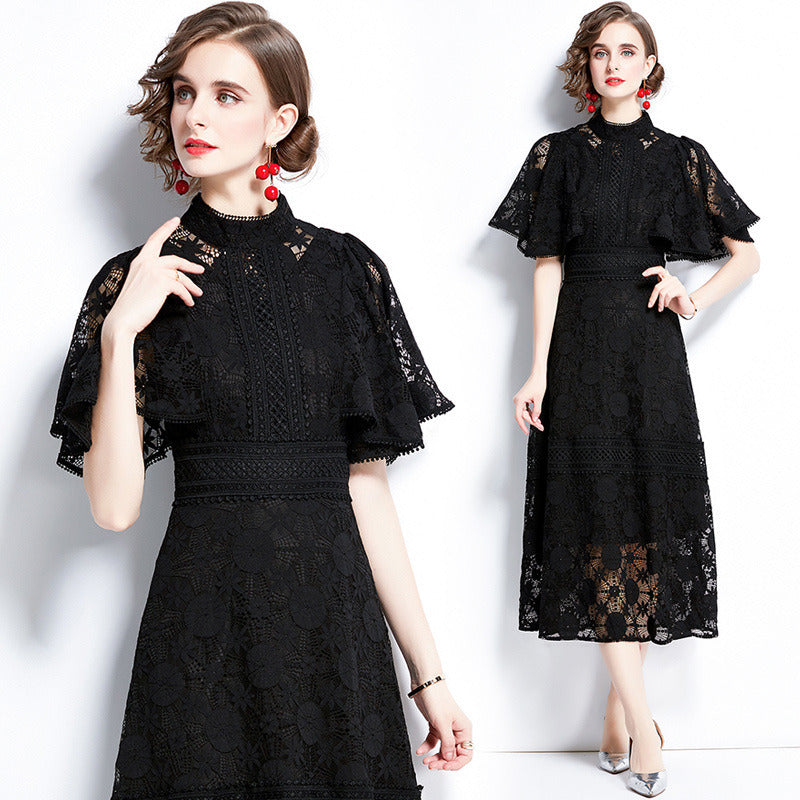 Summer Black Formal Casual Lace Midi Dress Women Girl Elegant Hollow Palace Style A-line Skirt Ruffle Sleeve Party High Quality