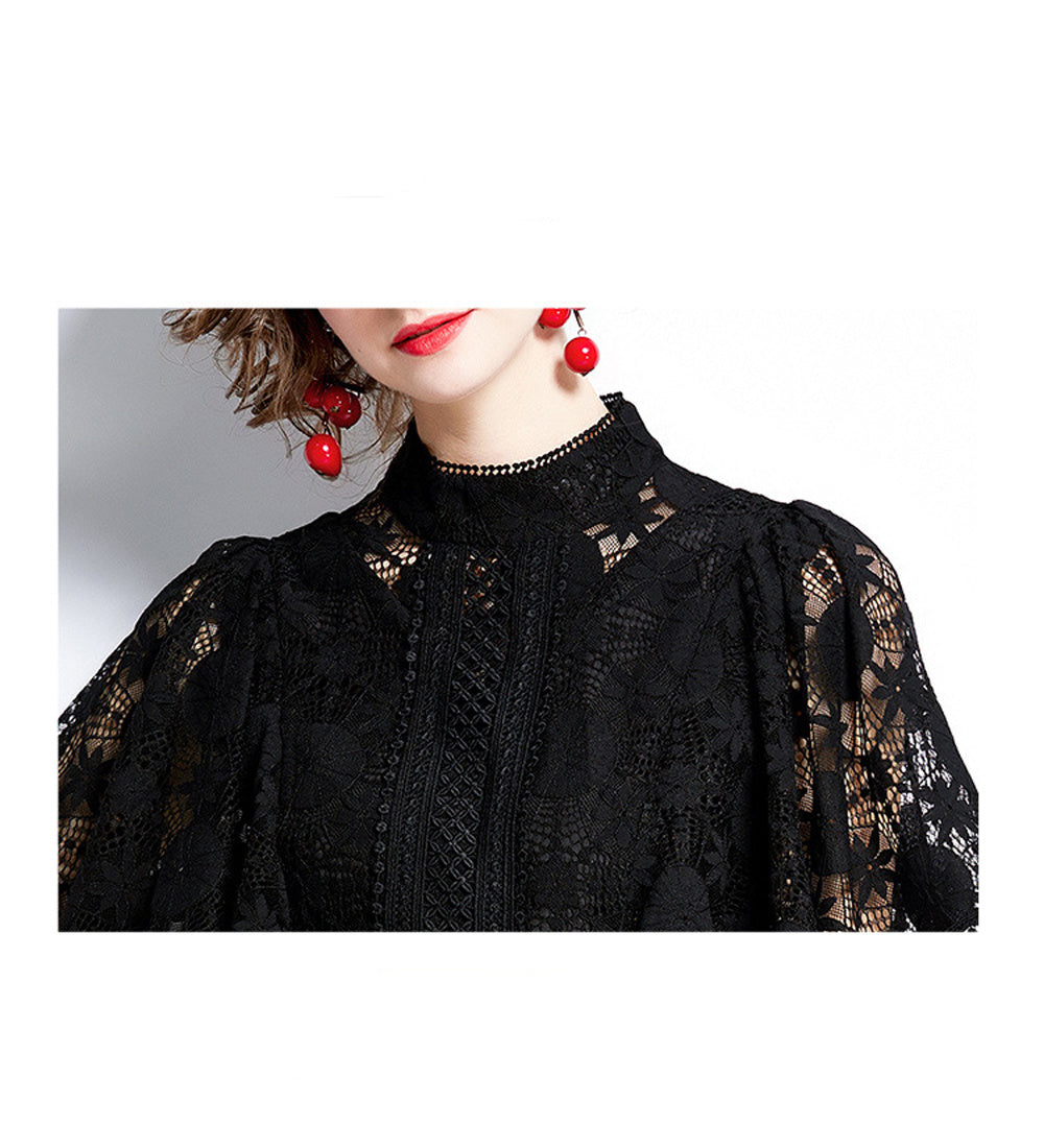 Summer Black Formal Casual Lace Midi Dress Women Girl Elegant Hollow Palace Style A-line Skirt Ruffle Sleeve Party High Quality