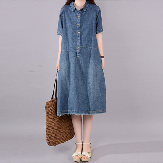 Summer Large Size Body Weight 82kg Mid-length Denim Dress Pocket Casual Loose Skirt Light Thin Breathable Women High Quality New