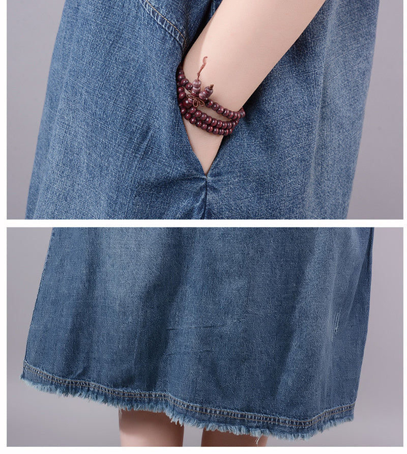 Summer Large Size Body Weight 82kg Mid-length Denim Dress Pocket Casual Loose Skirt Light Thin Breathable Women High Quality New