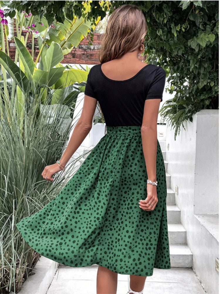 Summer Stitching Mini Dress Women New Crew Neck Polka Dot Short Sleeve Belt Office Casual Beach Skirt Swing Flowy Hem Light Soft