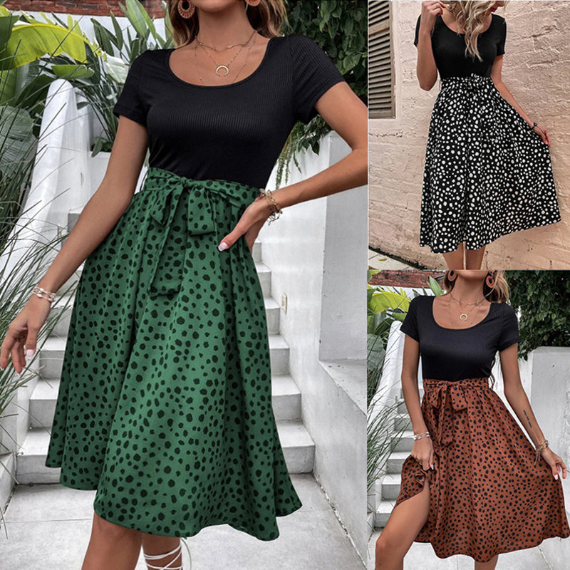 Summer Stitching Mini Dress Women New Crew Neck Polka Dot Short Sleeve Belt Office Casual Beach Skirt Swing Flowy Hem Light Soft