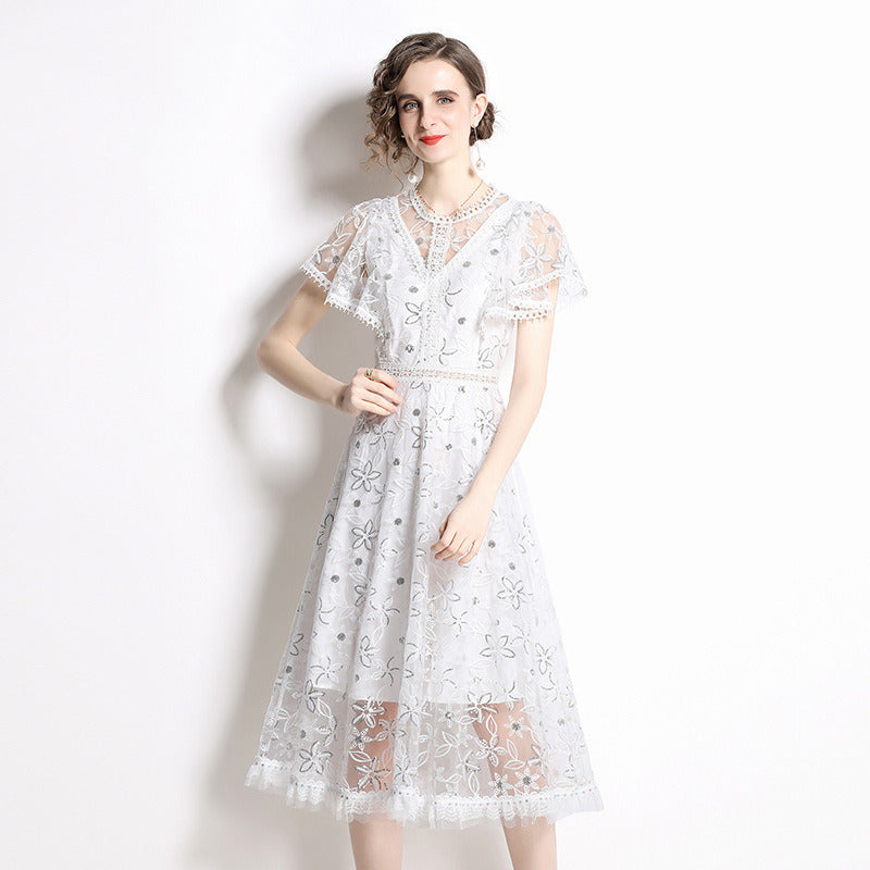 Summer Fairy Midi Dress Women White Casual Mesh Lace Hollow Embroidered Ruffles Puff Short Sleeves Party Street Cozy Breathable