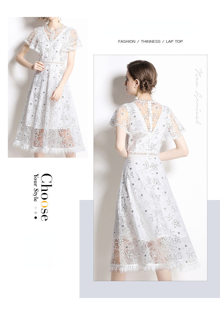 Summer Fairy Midi Dress Women White Casual Mesh Lace Hollow Embroidered Ruffles Puff Short Sleeves Party Street Cozy Breathable