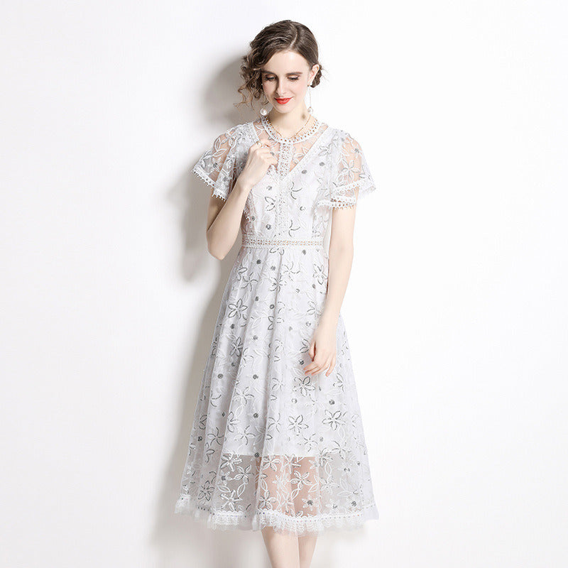 Summer Fairy Midi Dress Women White Casual Mesh Lace Hollow Embroidered Ruffles Puff Short Sleeves Party Street Cozy Breathable