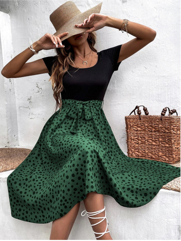 Summer Stitching Mini Dress Women New Crew Neck Polka Dot Short Sleeve Belt Office Casual Beach Skirt Swing Flowy Hem Light Soft