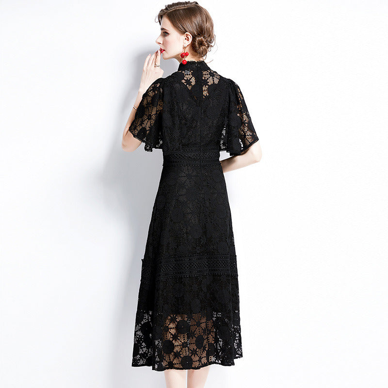 Summer Black Formal Casual Lace Midi Dress Women Girl Elegant Hollow Palace Style A-line Skirt Ruffle Sleeve Party High Quality