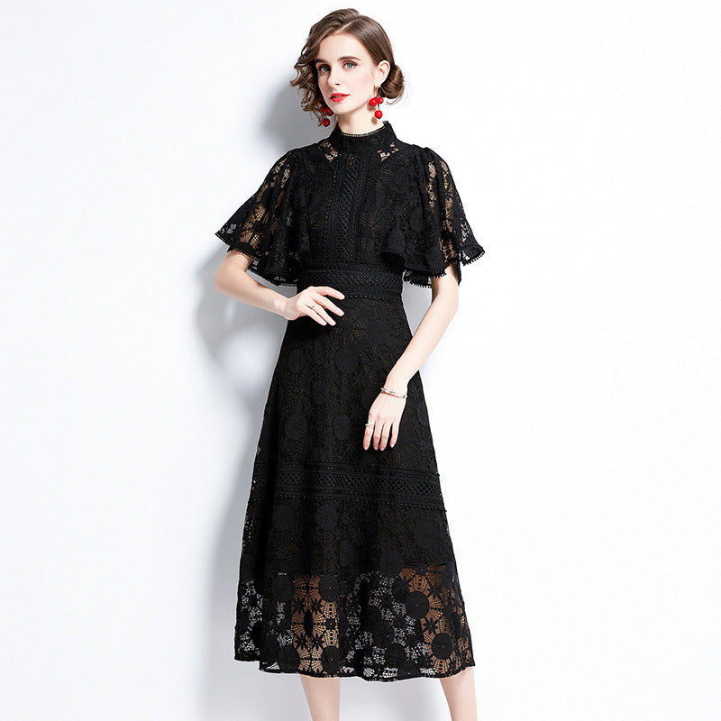 Summer Black Formal Casual Lace Midi Dress Women Girl Elegant Hollow Palace Style A-line Skirt Ruffle Sleeve Party High Quality