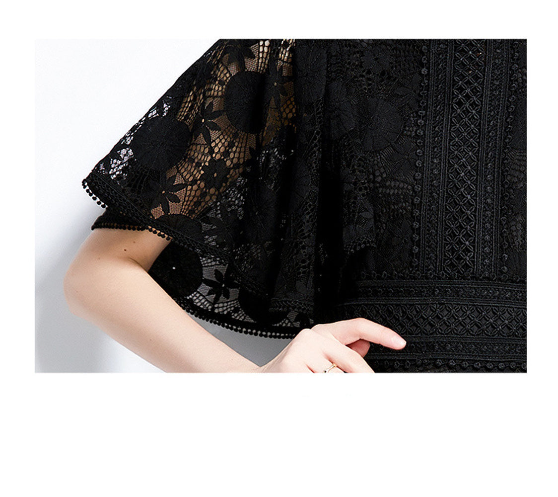 Summer Black Formal Casual Lace Midi Dress Women Girl Elegant Hollow Palace Style A-line Skirt Ruffle Sleeve Party High Quality