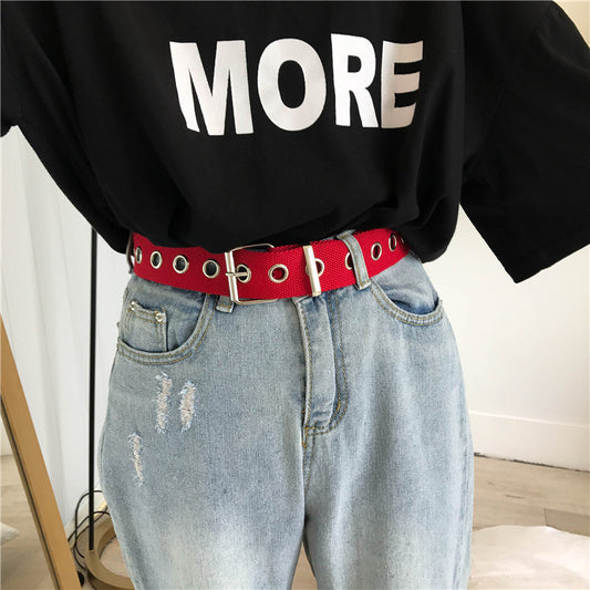 Long Personality Harajuku Casual Ring Black Metal Belt Students Jean Canvas Waist Belts Tide Silver Pin Buckle