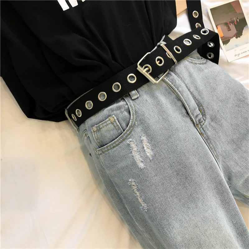 Long Personality Harajuku Casual Ring Black Metal Belt Students Jean Canvas Waist Belts Tide Silver Pin Buckle