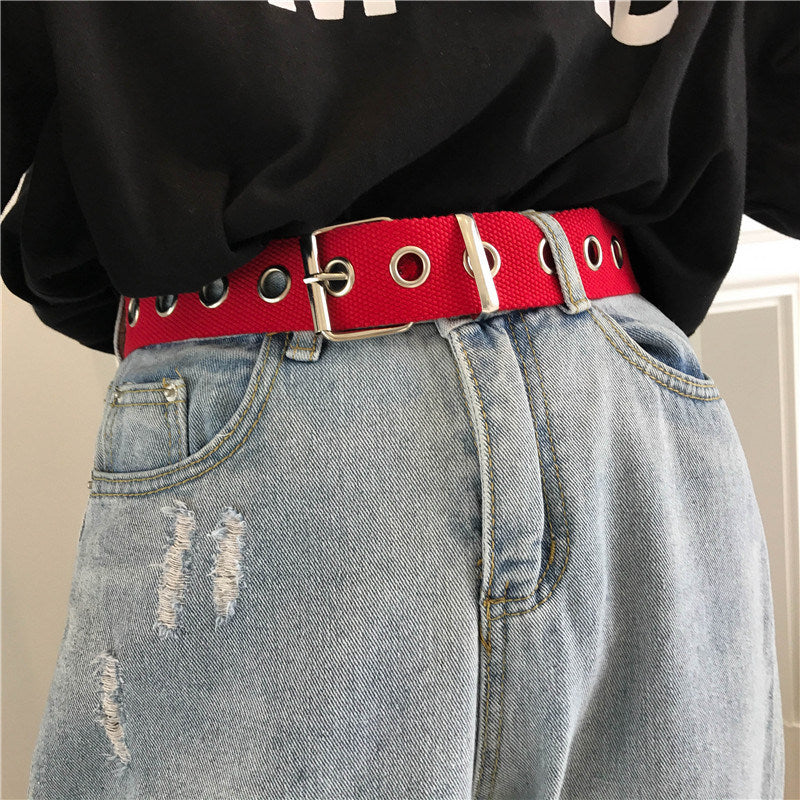 Long Personality Harajuku Casual Ring Black Metal Belt Students Jean Canvas Waist Belts Tide Silver Pin Buckle