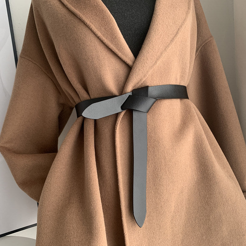 Women's Fashion Pu Leather Black Belt Decorative Suit Coat Ladies Belt Simple Knotted Belt Retro Outside