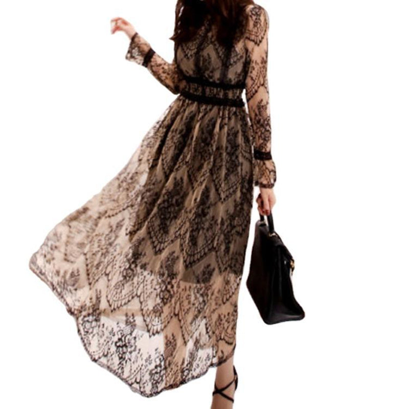 Spring Summer Elegant Vintage Evening Long Dress Casual Sexy Women Lace Hollow O-Neck Robe Slim Party Fashion High Quality Sale