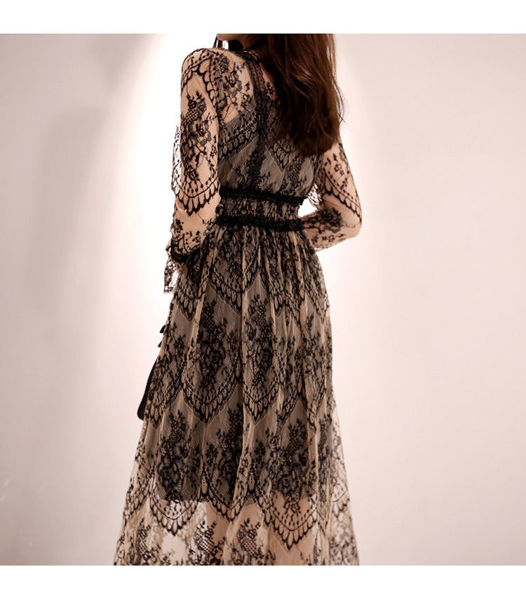 Spring Summer Elegant Vintage Evening Long Dress Casual Sexy Women Lace Hollow O-Neck Robe Slim Party Fashion High Quality Sale