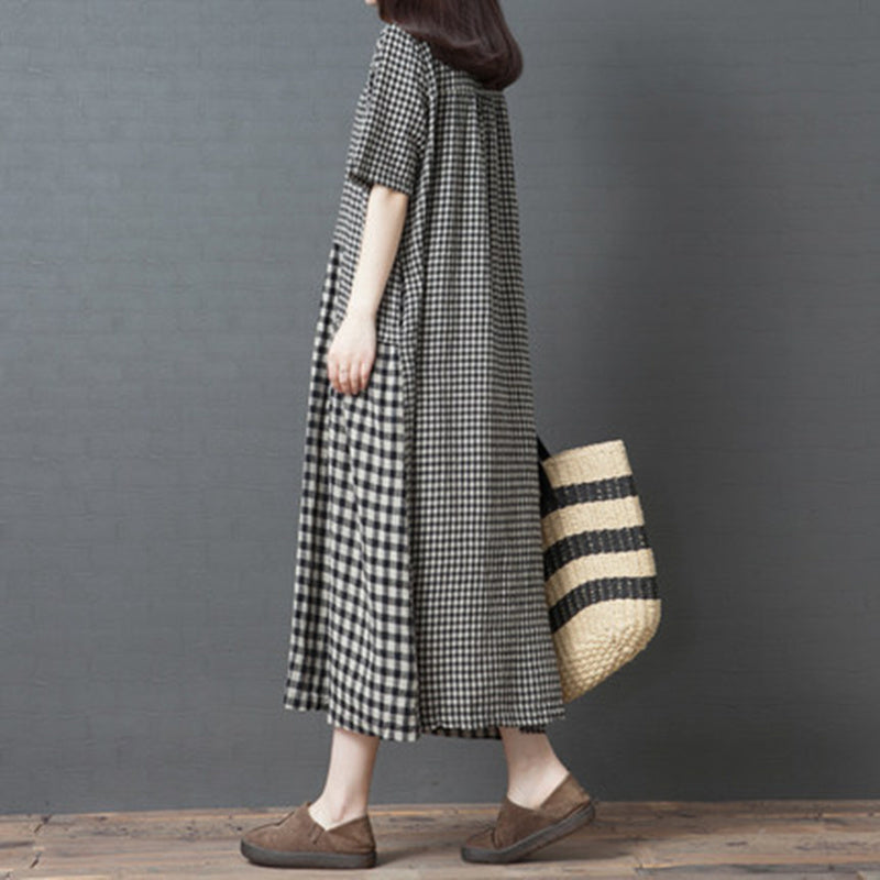 Summer Retro Loose M-XXL 85kg Weight Women Dress Mid-length Fashion Soft Comfortable Cotton and Linen Splicing Plaid Skirt Cozy