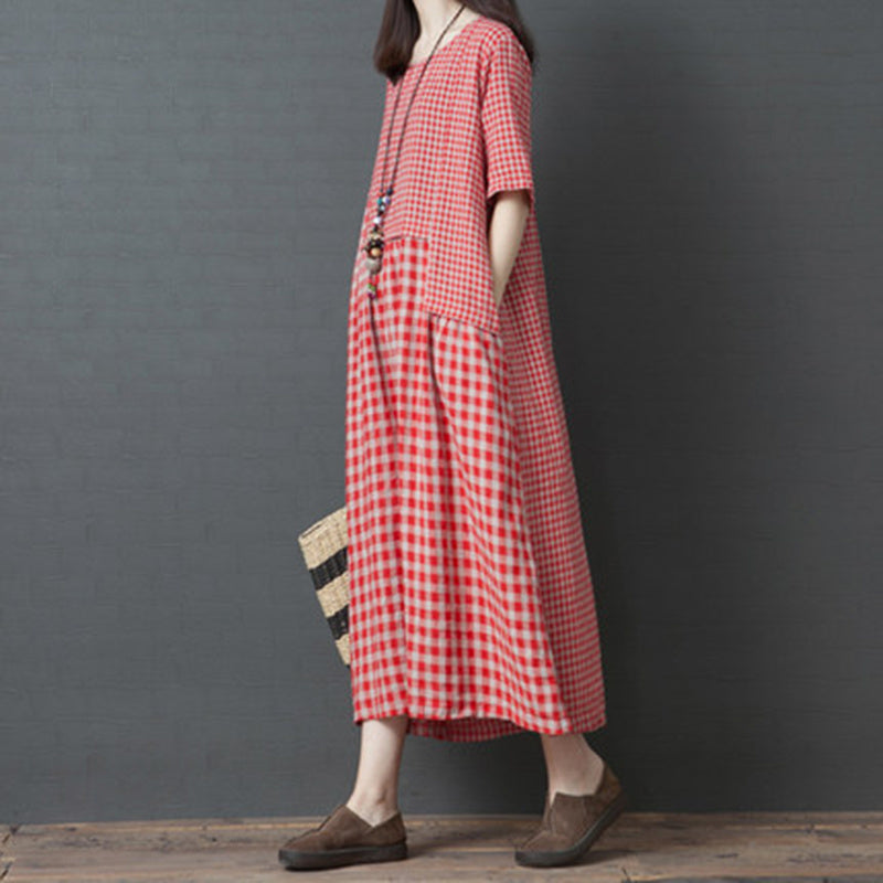 Summer Retro Loose M-XXL 85kg Weight Women Dress Mid-length Fashion Soft Comfortable Cotton and Linen Splicing Plaid Skirt Cozy