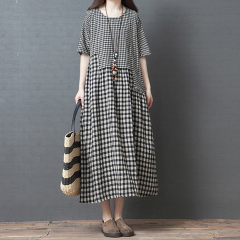 Summer Retro Loose M-XXL 85kg Weight Women Dress Mid-length Fashion Soft Comfortable Cotton and Linen Splicing Plaid Skirt Cozy