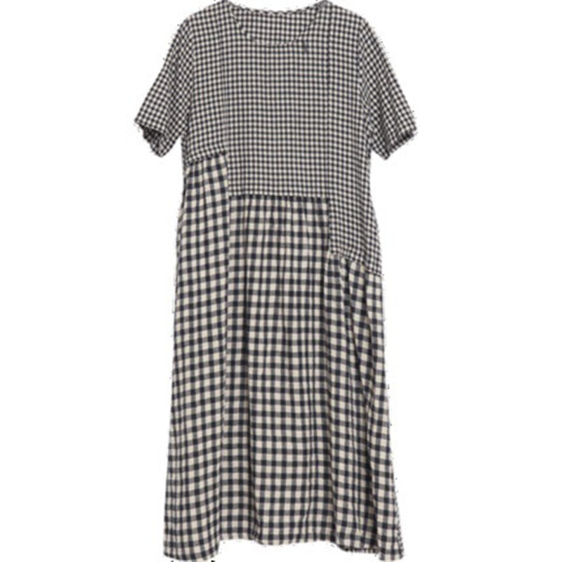 Summer Retro Loose M-XXL 85kg Weight Women Dress Mid-length Fashion Soft Comfortable Cotton and Linen Splicing Plaid Skirt Cozy