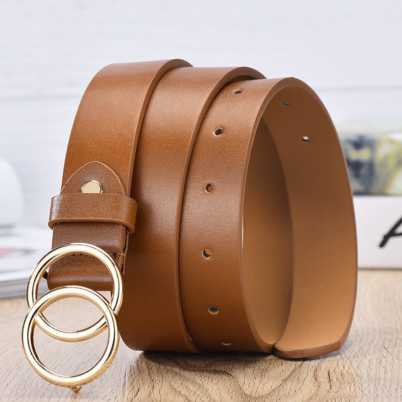 Female Soft Faux Leather Double Ring Buckle Vintage Decorative Casual Tighten All-Match Lightweight Long Women Belt Solid Holes