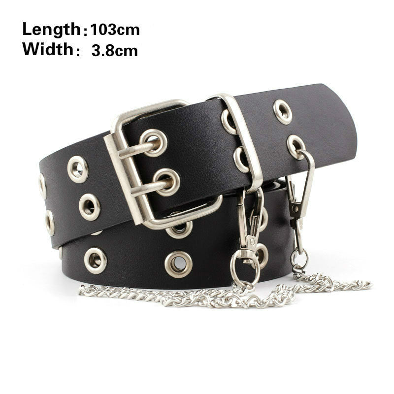 Fashion Harajuku Women Punk Chain Belt Adjustable Black Double/Single Eyelet Grommet Metal Buckle Leather Waistband For Jeans