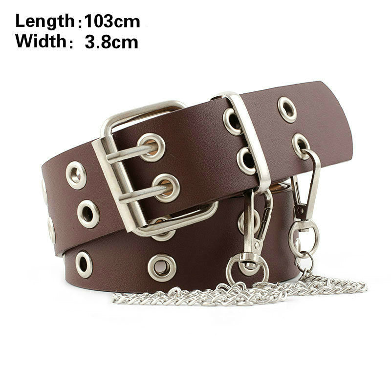 Fashion Harajuku Women Punk Chain Belt Adjustable Black Double/Single Eyelet Grommet Metal Buckle Leather Waistband For Jeans