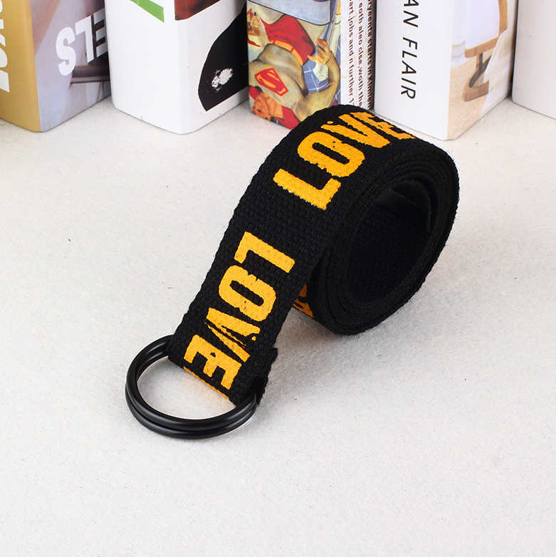 Women Harajuku Belt Red Letter Printed Fashion Unisex Double D Ring Canvas Strap Female Long Belts for Jeans