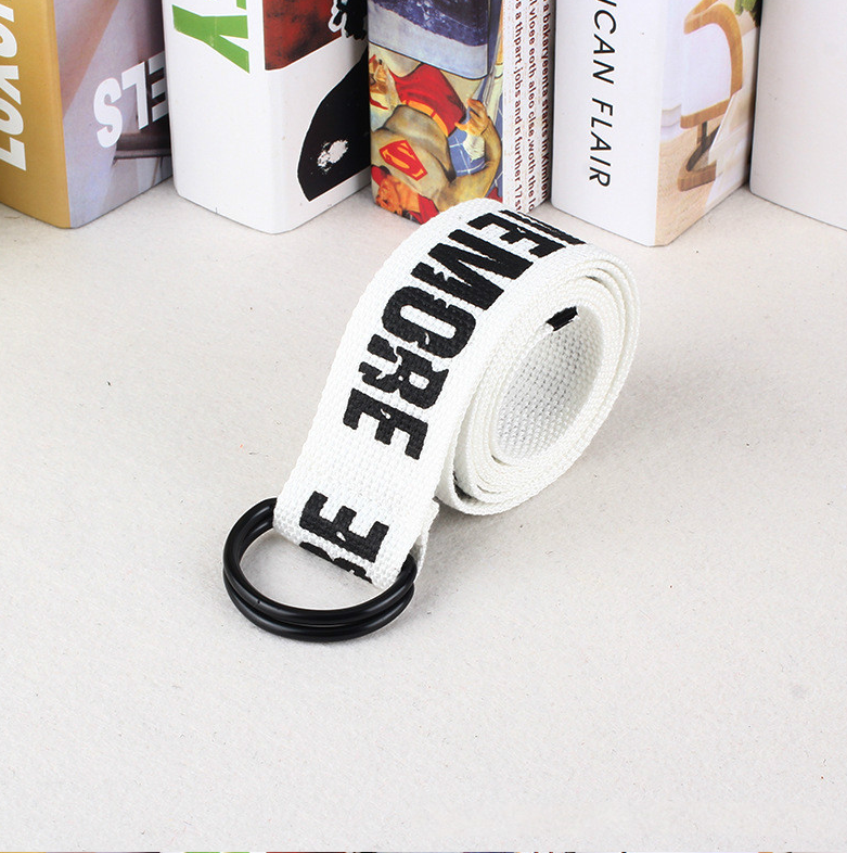 Women Harajuku Belt Red Letter Printed Fashion Unisex Double D Ring Canvas Strap Female Long Belts for Jeans