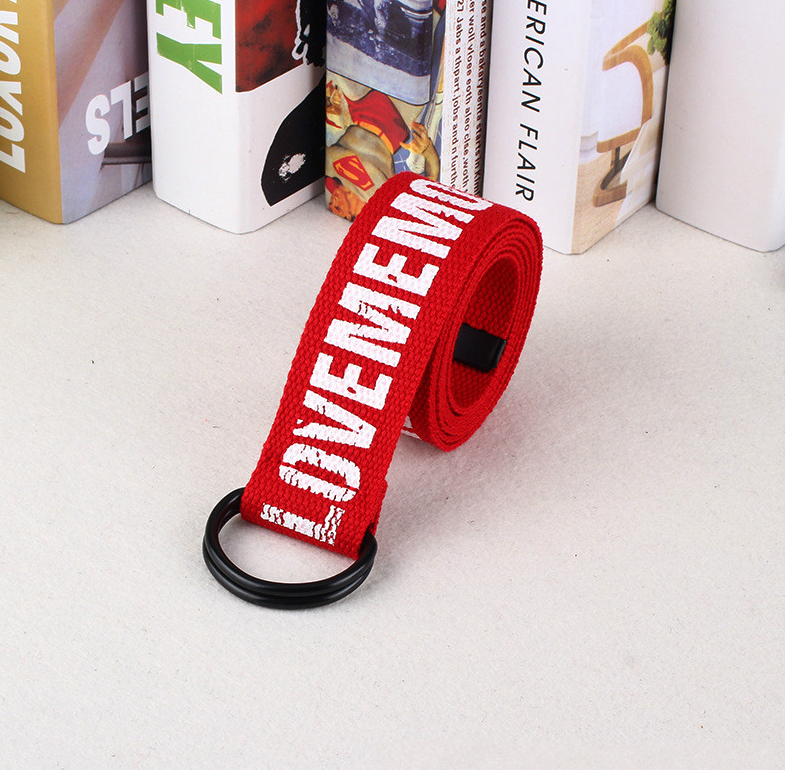 Women Harajuku Belt Red Letter Printed Fashion Unisex Double D Ring Canvas Strap Female Long Belts for Jeans