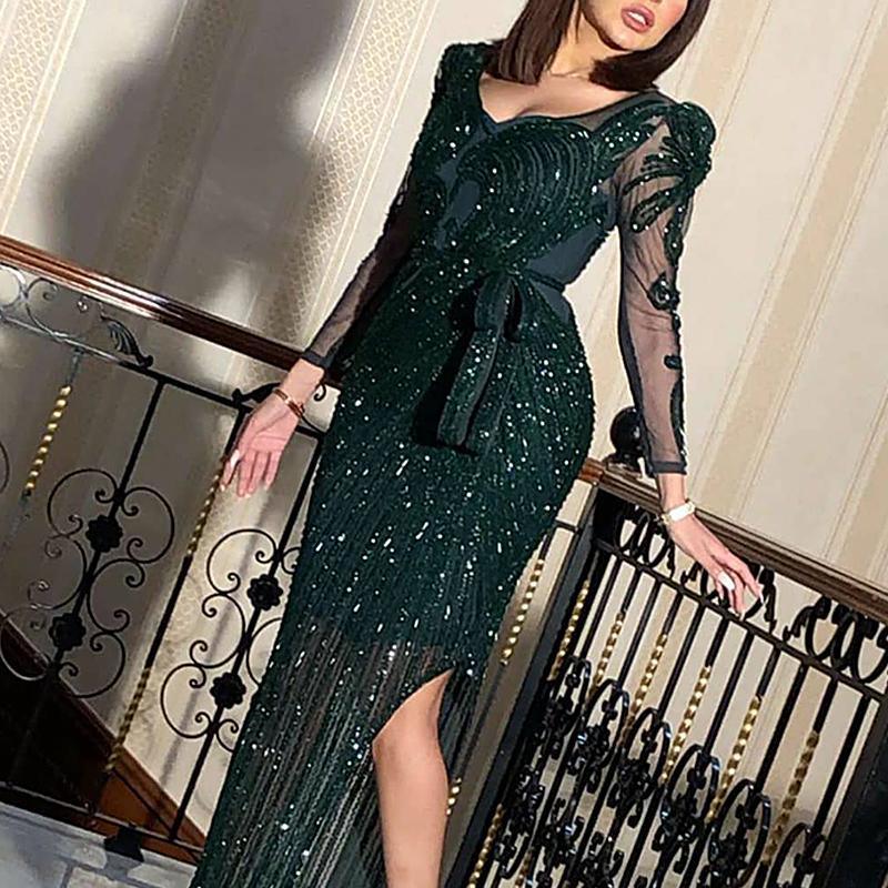 Spring Summer Autumn Mid-length Dress Women Long Sleeve Sexy Sequins Tulle Slit Belt Slim Fit Retro Dark Green Vertical Stripes