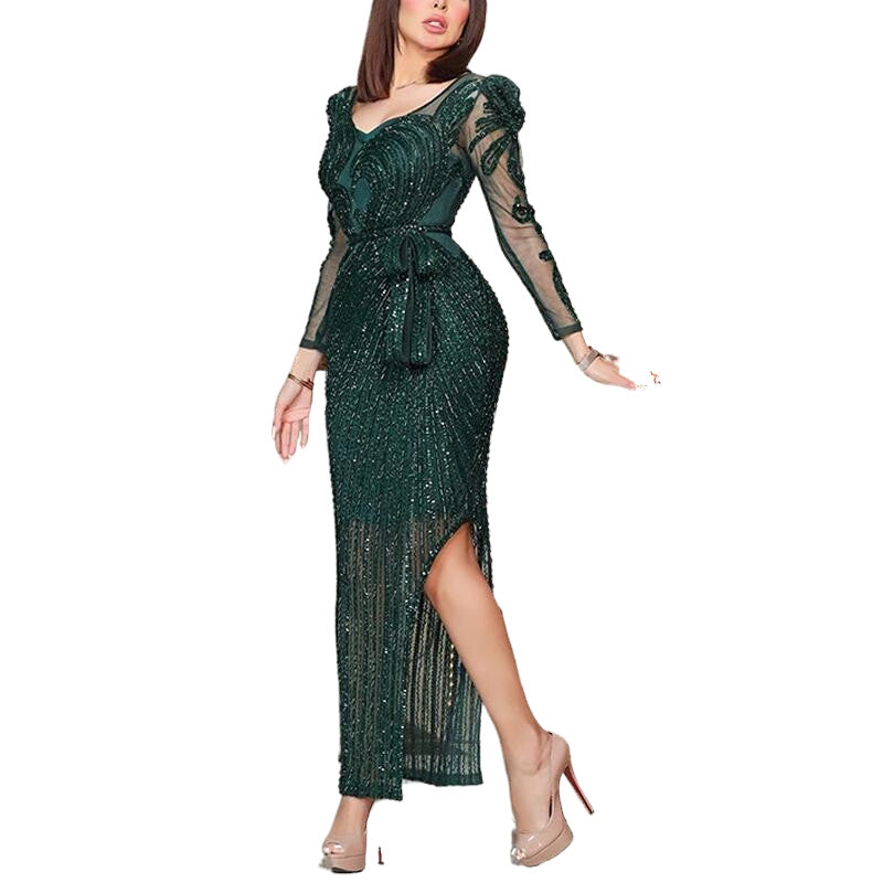 Spring Summer Autumn Mid-length Dress Women Long Sleeve Sexy Sequins Tulle Slit Belt Slim Fit Retro Dark Green Vertical Stripes