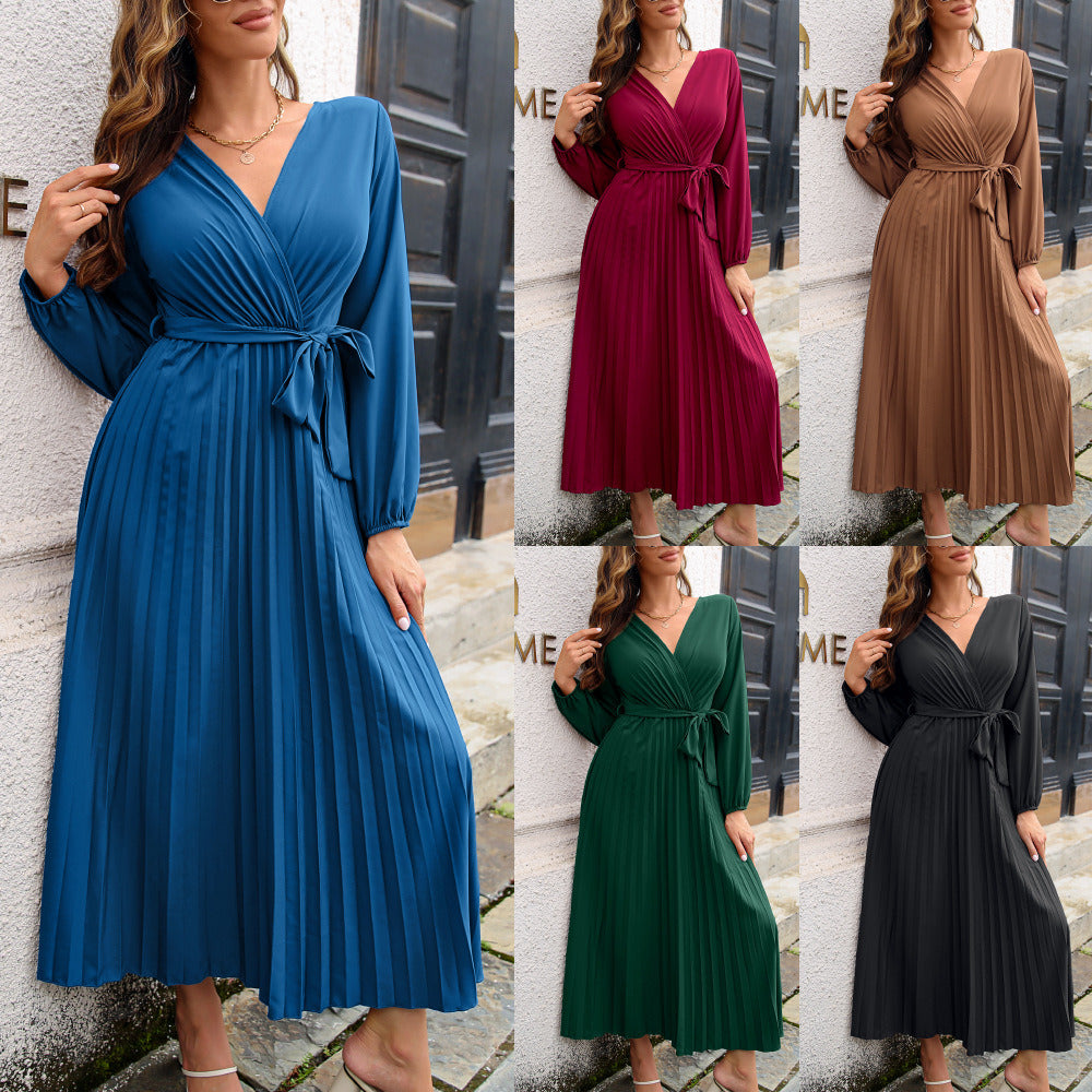 Spring Summer Autumn Pleated Midi Dress Women Elegant Casual Long Sleeve Waist Lace Up V-neck Skirt Solid Light Outdoor Street